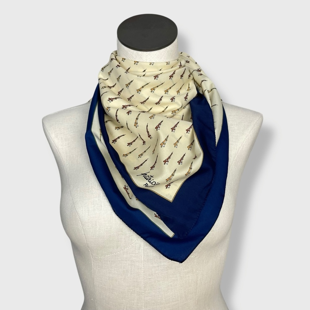 Patricia Scarf Paris Eiffel Tower Print Pattern Cream Navy Blue Playful Women‎